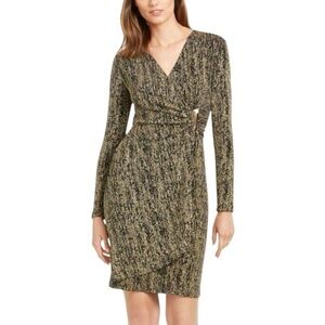 CALVIN KLEIN Elegant Women's Metallic Gold Faux Wrap Evening Dress Size 12